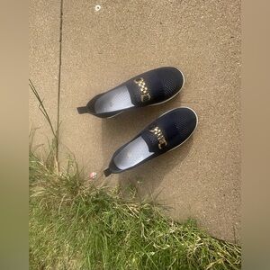 Navy Blue Slip-On Wedged Shoes with Gold Accents